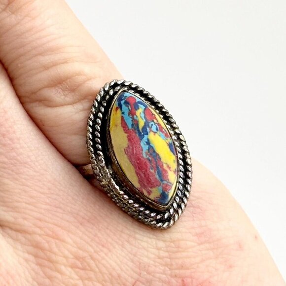 Rainbow Mosaic Jasper Stone Sterling Silver Vintage Southwest Ring - sz 5.75 - Picture 1 of 10